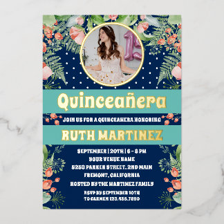 Royal Blue Gold Floral Quinceanera Party Foto Folieneinladung