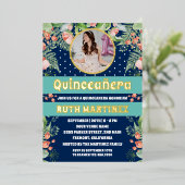 Royal Blue Gold Floral Quinceanera Party Foto Folieneinladung (Stehend vorne)