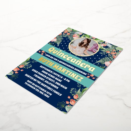 Royal Blue Gold Floral Quinceanera Party Foto Folieneinladung (Gedreht)