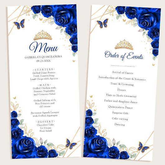 Royal Blue Gold Floral Quinceanera Programmmenü Menükarte