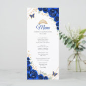 Royal Blue Gold Floral Quinceanera Programmmenü Menükarte (Stehend Vorderseite)