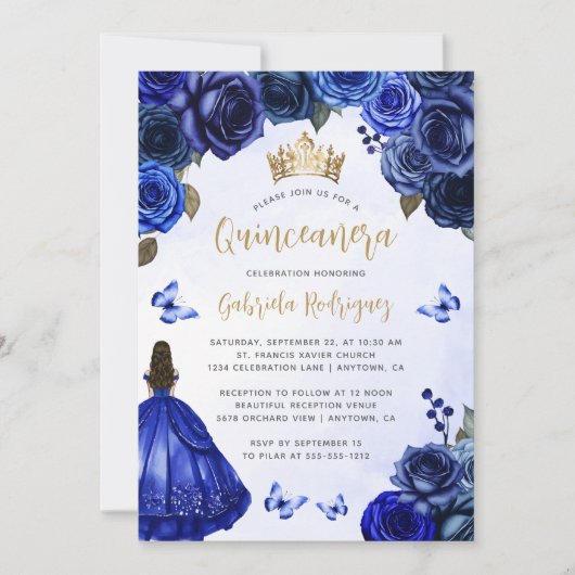 Royal Blue Gold Floral Watercolor Einladung (Vorderseite)