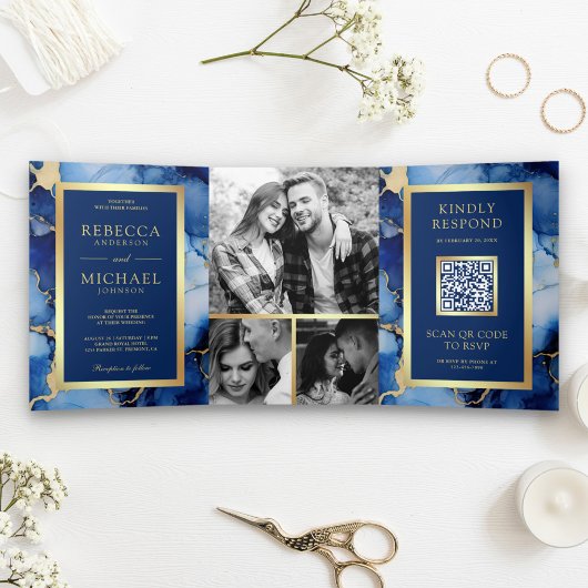 Royal Blue Gold Fluid Ink QR Code Wedding Dreifach Gefaltete Einladung