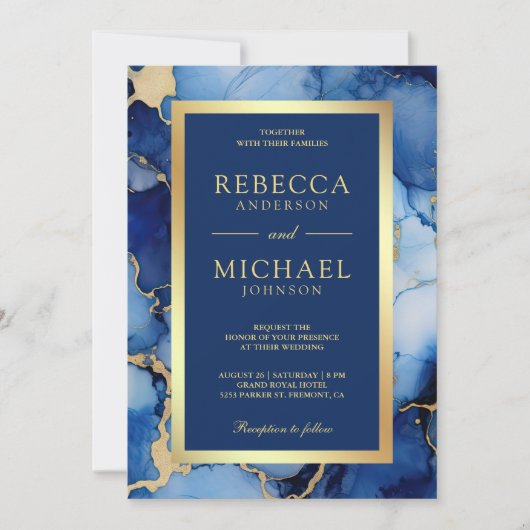 Royal Blue Gold Fluid Ink QR Code Wedding Einladung (Vorderseite)