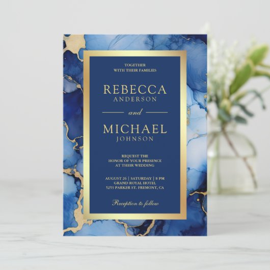 Royal Blue Gold Fluid Ink QR Code Wedding Einladung (Stehend Vorderseite)