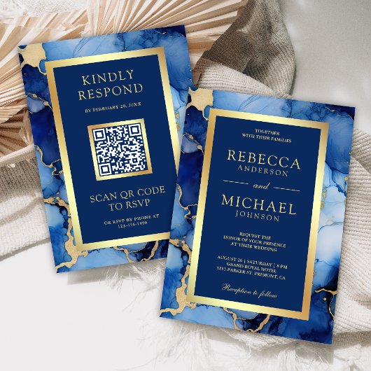 Royal Blue Gold Fluid Ink QR Code Wedding Einladung