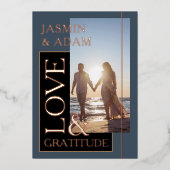 Royal Blue Gold Foto Hochzeit Liebe und Dankbarkei Folieneinladung (Vorderseite)