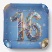 Royal Blue Gold Glitter Sparkle Sweet 16 Birthday Pappteller (Vorderseite)