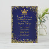 Royal Blue & Gold Glitzer Crown Sweet 16 Party Einladung (Stehend Vorderseite)