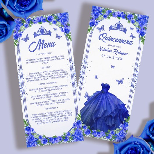 Royal Blue Gold Glitzer Floral Quinceanera Menükarte