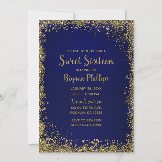 Royal Blue & Gold Glitzer Glam Sweet 16 Party Einladung (Vorderseite)