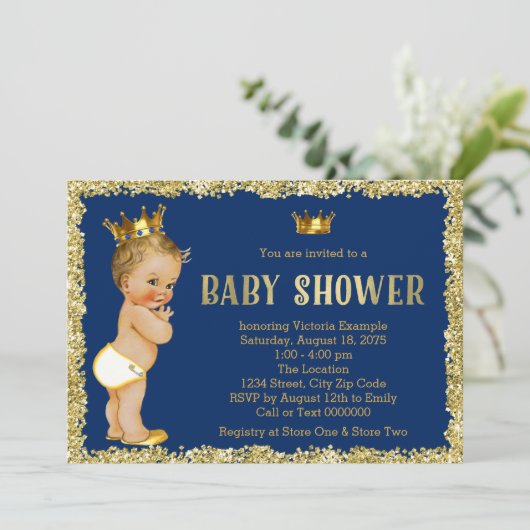 Royal Blue Gold Glitzer Prince Baby Dusche Einladung (Stehend Vorderseite)