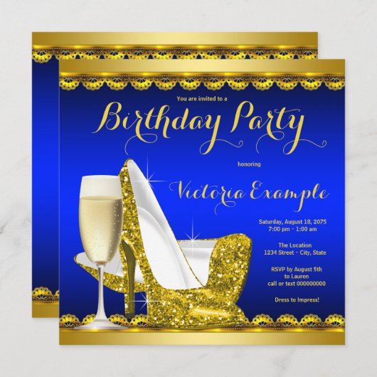Royal Blue Gold High Heel Birthday Party Einladung (Vorne/Hinten)
