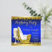 Royal Blue Gold High Heel Birthday Party Einladung (Stehend Vorderseite)