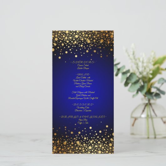 Royal Blue Gold Hochzeit beliebtes Menü Save The Date (Stehend Vorderseite)