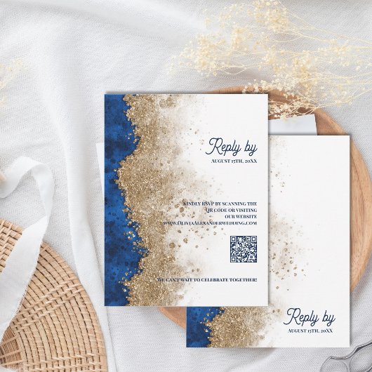 Royal Blue & Gold Hochzeit RSVP mit QR-Code Karte