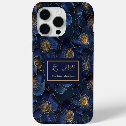 Royal Blue Gold iPhone Case Lux Monogram Floral (Rückseite)