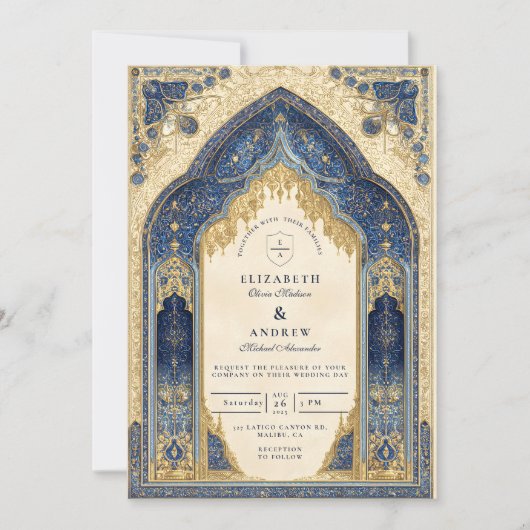 Royal Blue Gold Islamic Wedding Einladung (Vorderseite)
