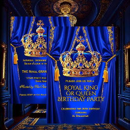 Royal Blue Gold King Queen Crown Birthday Party Einladung