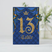 Royal Blue Gold Kronen Hochzeit Tisch Nummer 13 Einladung (Stehend Vorderseite)