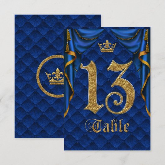 Royal Blue Gold Kronen Hochzeit Tisch Nummer 13 Einladung (Vorne/Hinten)