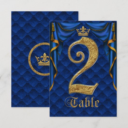 Royal Blue Gold Kronen Hochzeit Tisch Nummer 2 Einladung (Vorne/Hinten)