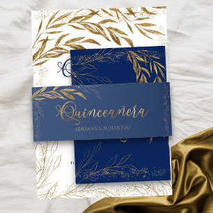 Royal Blue Gold Leaf und Confetti Quinceanera Einladungsbanderole