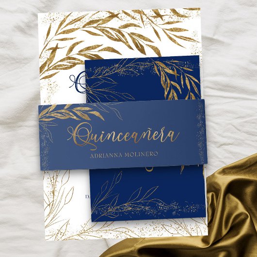 Royal Blue Gold Leaf und Confetti Quinceanera Einladungsbanderole