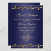 Royal Blue & Gold Leaf zum Geburtstag Einladung (Vorne/Hinten)