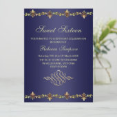 Royal Blue & Gold Leaf zum Geburtstag Einladung (Stehend Vorderseite)