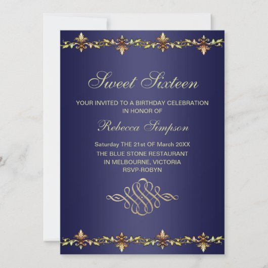 Royal Blue & Gold Leaf zum Geburtstag Einladung (Vorderseite)