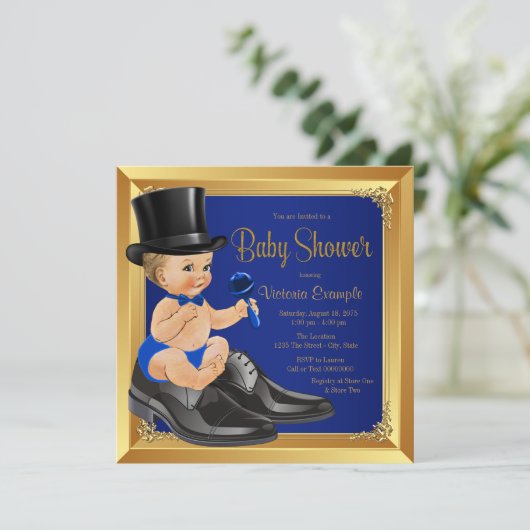 Royal Blue Gold Little Man Baby Dusche Einladung (Stehend Vorderseite)