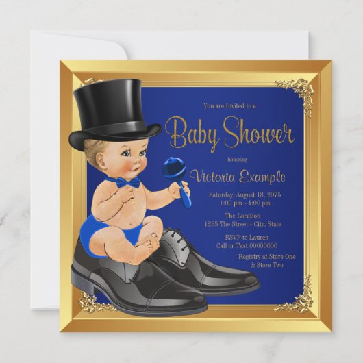 Royal Blue Gold Little Man Baby Dusche Einladung (Vorderseite)