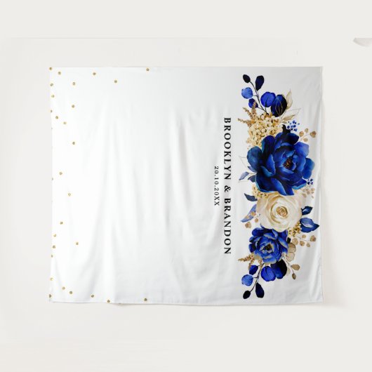Royal Blue Gold Metallic Floral Wedding Tapestes Wandteppich (Vorderseite (Horizontal))