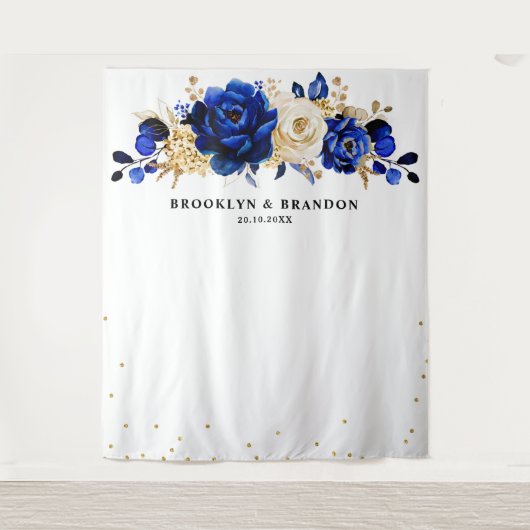 Royal Blue Gold Metallic Floral Wedding Tapestes Wandteppich (Vorderseite)