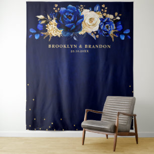 Royal Blue Gold Metallic Floral Wedding Tapestes Wandteppich