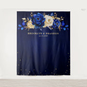 Royal Blue Gold Metallic Floral Wedding Tapestes Wandteppich (Vorderseite)