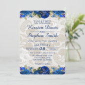 Royal Blue Gold Navy Floral Lace Rustic Wedding Einladung (Stehend Vorderseite)
