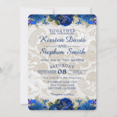 Royal Blue Gold Navy Floral Lace Rustic Wedding Einladung (Vorderseite)