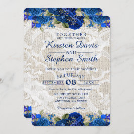 Royal Blue Gold Navy Floral Lace Rustic Wedding Einladung