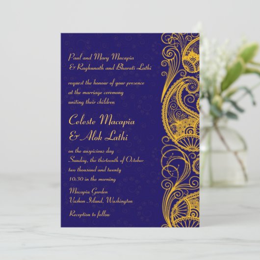 Royal Blue Gold Paisley Hindu Indian Wedding Einladung (Stehend Vorderseite)