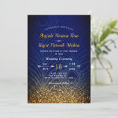 Royal Blue & Gold Peacock Feather Indian Wedding Einladung (Stehend Vorderseite)
