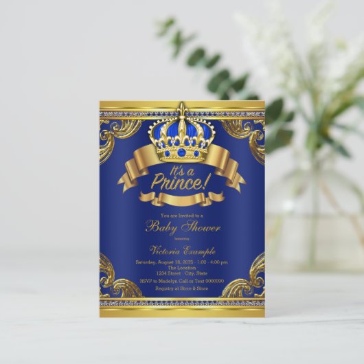 Royal Blue Gold Prince Baby Dusche Einladung Postkarte (Stehend Vorderseite)