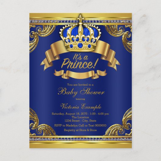 Royal Blue Gold Prince Baby Dusche Einladung Postkarte (Vorderseite)