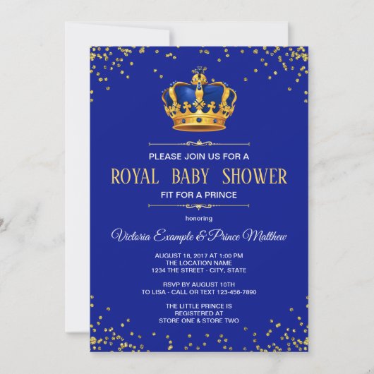Royal Blue Gold Prince Baby Shower Einladungen (Vorderseite)