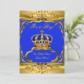 Royal Blue Gold Prince Crown Baby Shower Boy Einladung (Stehend Vorderseite)