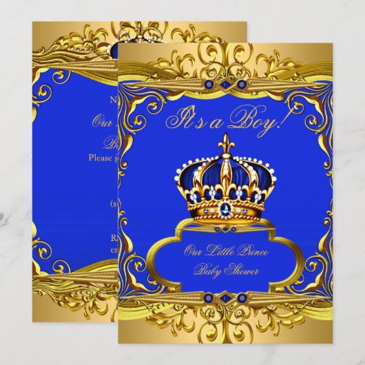 Royal Blue Gold Prince Crown Baby Shower Boy Einladung (Vorne/Hinten)