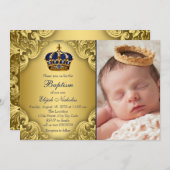 Royal Blue Gold Prince Crown Taufe Einladung (Vorne/Hinten)