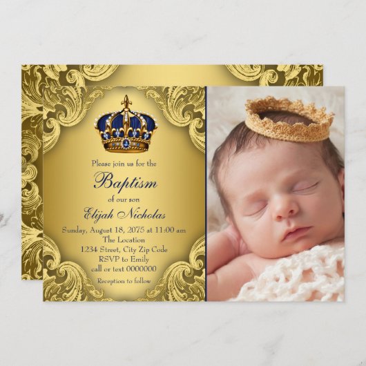 Royal Blue Gold Prince Crown Taufe Einladung (Vorne/Hinten)