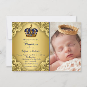 Royal Blue Gold Prince Crown Taufe Einladung